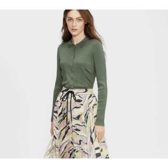 Ted Baker London Meenaa Cardigan Ribbed Top in Olive Green - Size 3 (US Medium) - Picture 11 of 12